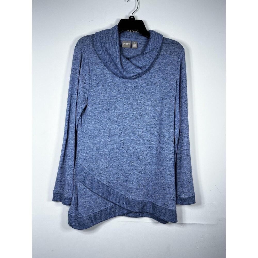 Chico's Sweater Tunic Womens Size M 1 Blue Cowl Neck Long Sleeve Knit Pullover